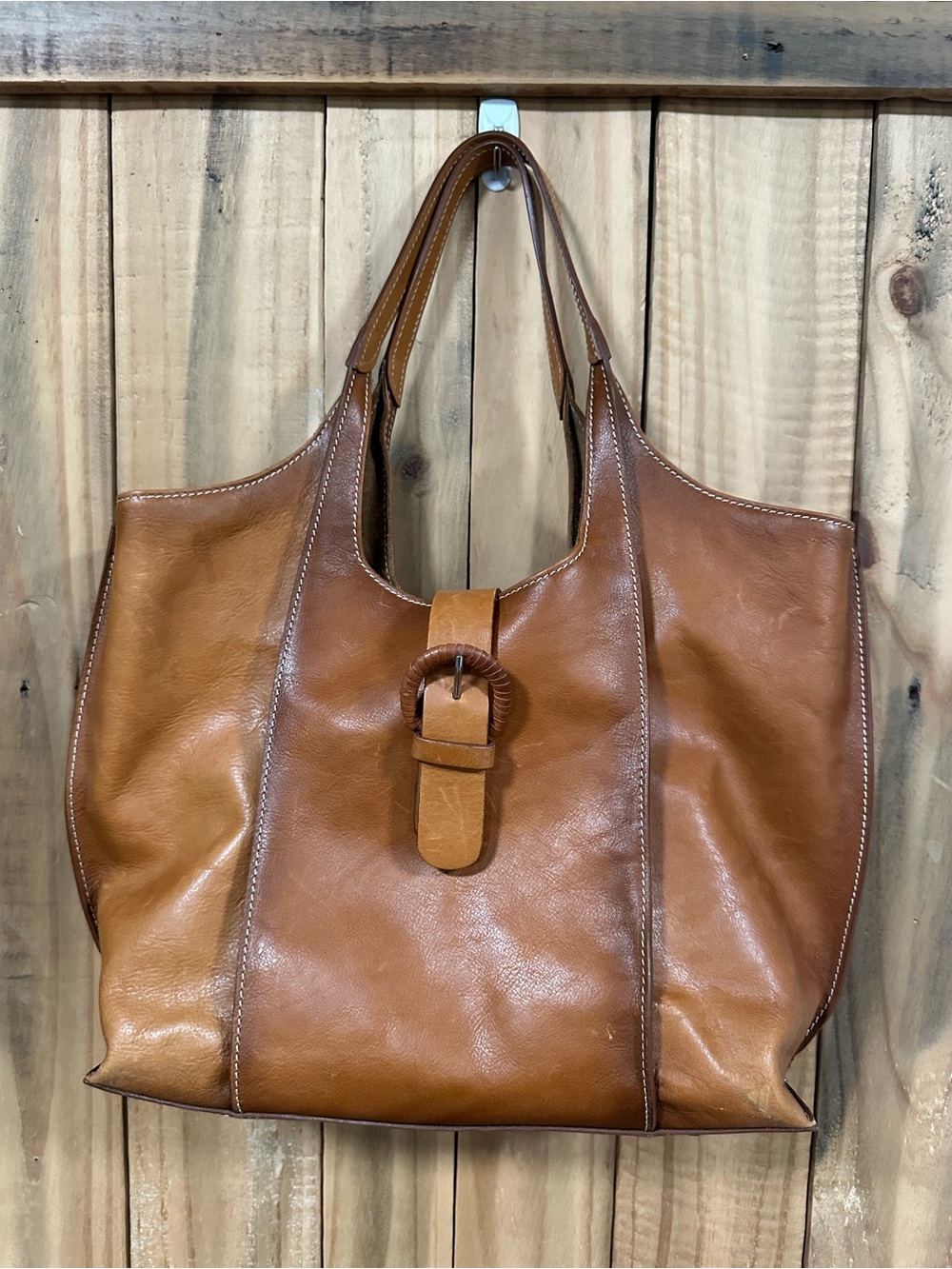 Everyday Cognac Leather Tote with Buckle Accent